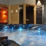 Pohled z vířivky na sauny ve wellness IBEX